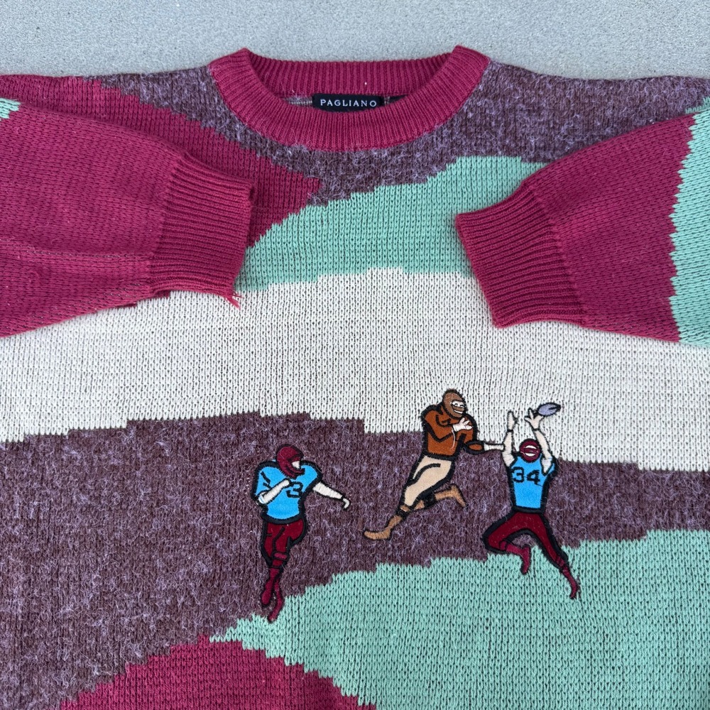 Pagliano Mens Vintage Football Graphic Knit Crewneck Sweater Size Large
